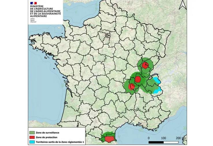 Carte de France des zones réglementées pour la DNC au 16 octobre 2025.