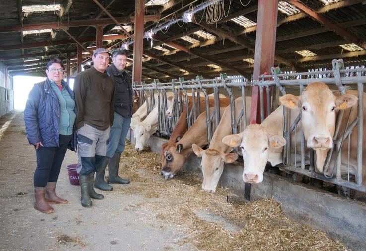 Caroline Burgevin, Corentin Gasté et Jean-Marc Burgevin devant le troupeau de blondes d'Aquitaine.